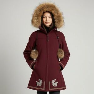 Koko & Gaston Burgundy Wool Blend Fur Trim Parka - Small 🇨🇦